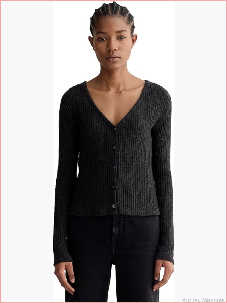 Slim Cropped Rib Knit Cardigan V-Neck Long Sleeve Button Front